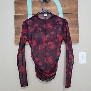 Abercrombie & Fitch Red Floral Sheer Mesh Long Sleeve Ruched Blouse Small